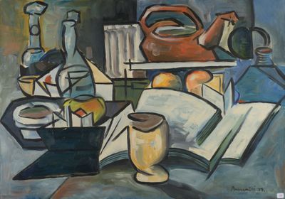 une peinture représentant une nature morte avec une théière et un livre