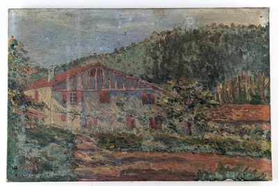 an old painting of a house on a hill with trees in the background
