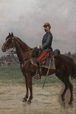 a painting of a man riding a horse in a field