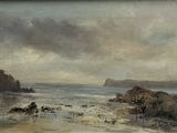 an image of a painting of a beach scene with a boat in the water