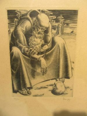 un dessin représentant un homme tenant un chat sur ses genoux