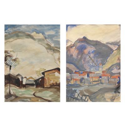deux tableaux représentant un village de montagne et un village au loin