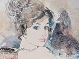 a watercolor painting of a woman sitting on a couch