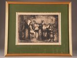 un dessin représentant un groupe de personnes dans un décor boisé