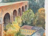 une aquarelle représentant un train traversant un pont