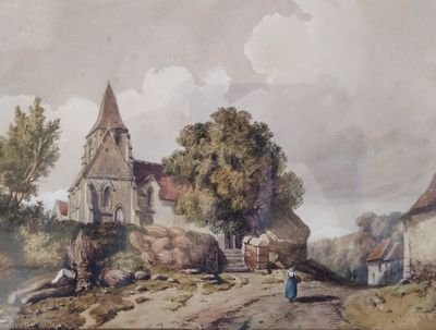 a painting of a village with a church in the background