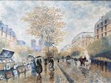 a painting of people walking down the street with umbrellas
