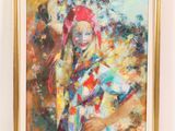 painting of a woman in a colorful dress with a horse in the background