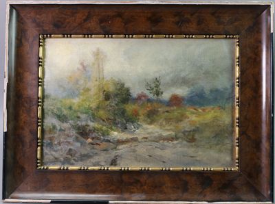 une peinture à l'huile représentant un paysage, dans un cadre en bois