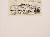 an image of a drawing of a landscape with trees and buildings