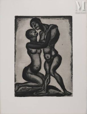 a black and white drawing of two nudes hugging each other