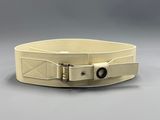a close up of a white belt with a buckle on it