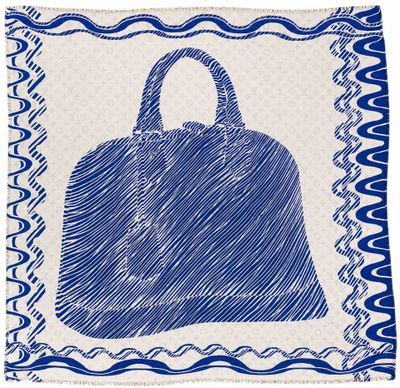 a blue and white hand drawn purse on a blue and white background
