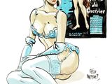 une illustration représentant une femme en lingerie assise par terre à côté d'une affiche