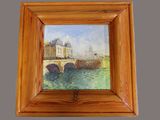 une peinture à l'huile représentant un pont sur une rivière avec un château à l'arrière-plan