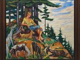 une peinture à l'huile représentant un homme assis au sommet d'une colline, entouré d'animaux