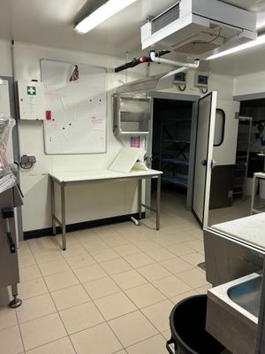 une image d'une cuisine commerciale avec beaucoup d'espace de travail