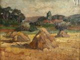 une peinture à l'huile représentant des meules de foin dans un champ, avec des arbres en arrière-plan