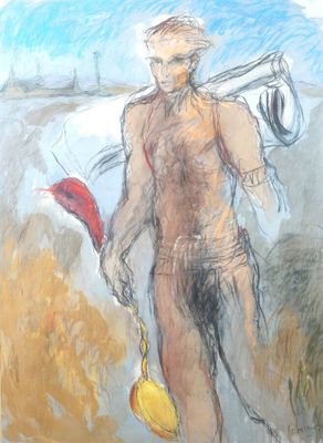dessin représentant un homme portant un chapeau et tenant un frisbee à la main