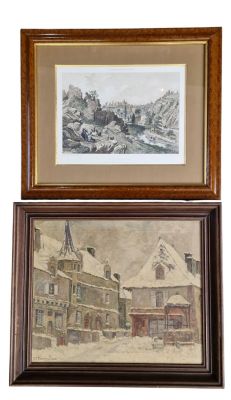 two framed pictures of buildings and a horse drawn carriage in the snow