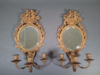 paire d'appliques murales anciennes en laiton, avec miroirs et bougeoirs
