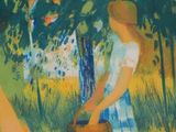 an image of a painting of a woman picking apples from a tree