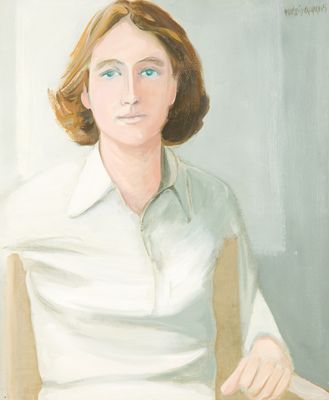 painting of a woman sitting in a chair holding a knife and fork