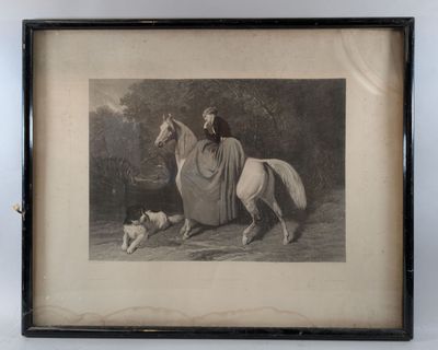 an old picture of a woman on a horse with a dog