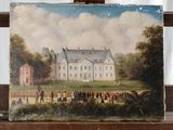 un tableau posé sur un chevalet, avec, en arrière-plan, un tableau représentant une maison