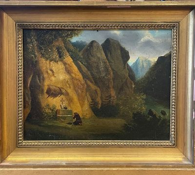 a picture of a painting of a mountain scene in a frame