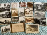 several old black and white photos of old cars and trucks