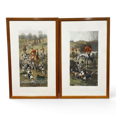 two framed prints of a hunting scene with dogs and horses