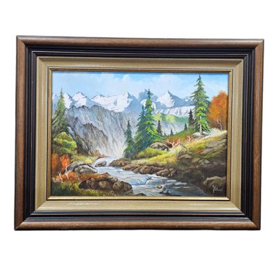 peinture représentant un paysage de montagne avec un ruisseau au premier plan