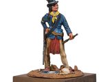 the figurine of a man with a rifle stands on a wooden base