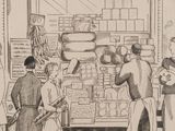 dessin représentant un groupe de personnes debout devant un magasin