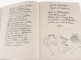 an open book with a drawing of a man and a woman