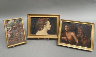 three framed paintings of a woman and a man in a garden
