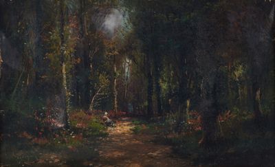 une image représentant un tableau montrant un sentier à travers une forêt