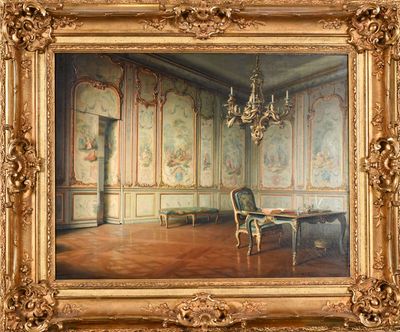 painting of a painting of a room with a chair and a chandelier