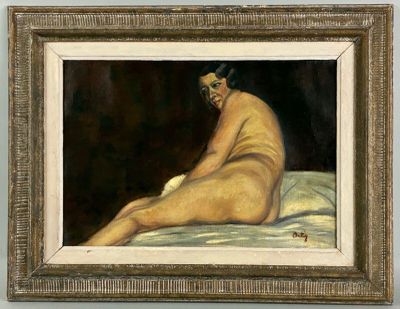 une peinture à l'huile représentant une femme nue assise sur un lit
