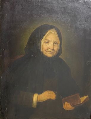 tableau représentant une vieille femme tenant un livre dans ses mains