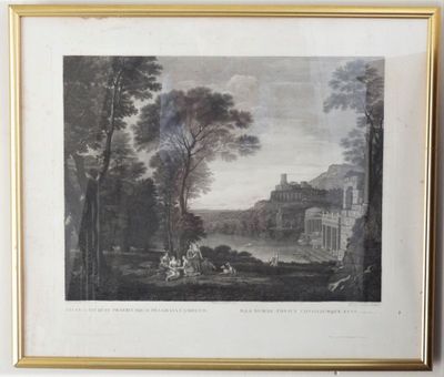 framed picture of a painting of a landscape with a castle in the background