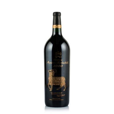 a bottle of red wine with a black label on it