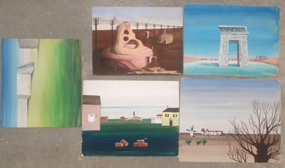 Plusieurs tableaux représentant différents paysages sont accrochés au mur.