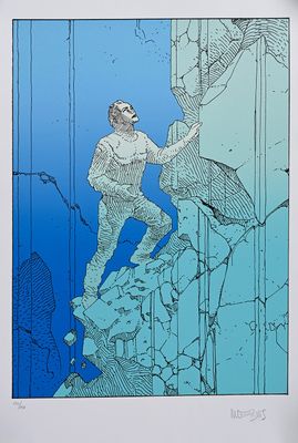 an illustration of a man climbing up a cliff with a blue sky in the background