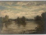 tableau représentant un tableau d'une rivière avec des arbres en arrière-plan