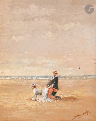 painting of a man and a woman on a beach with a dog