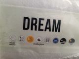 a person that is holding a pillow that has a dream label on it