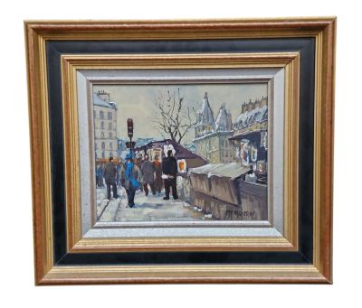 tableau représentant une scène urbaine avec des passants marchant dans une rue