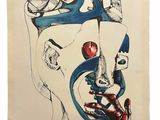 un dessin représentant le visage d'une femme aux traits bleus et rouges